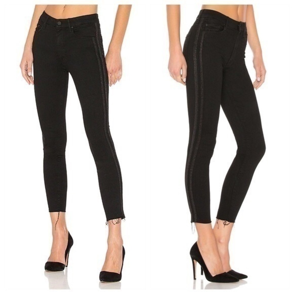 Mother HW Looker Ankle Fray Black Skinny Jeans Side Stripe 25 Women Hem Denim